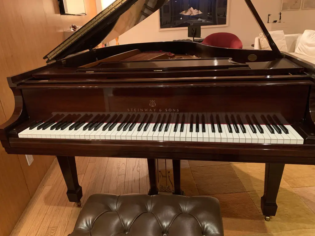 A grand piano with a dark wood finish, labeled "Steinway & Sons," sits in a warmly lit room with a cushioned bench in front.
