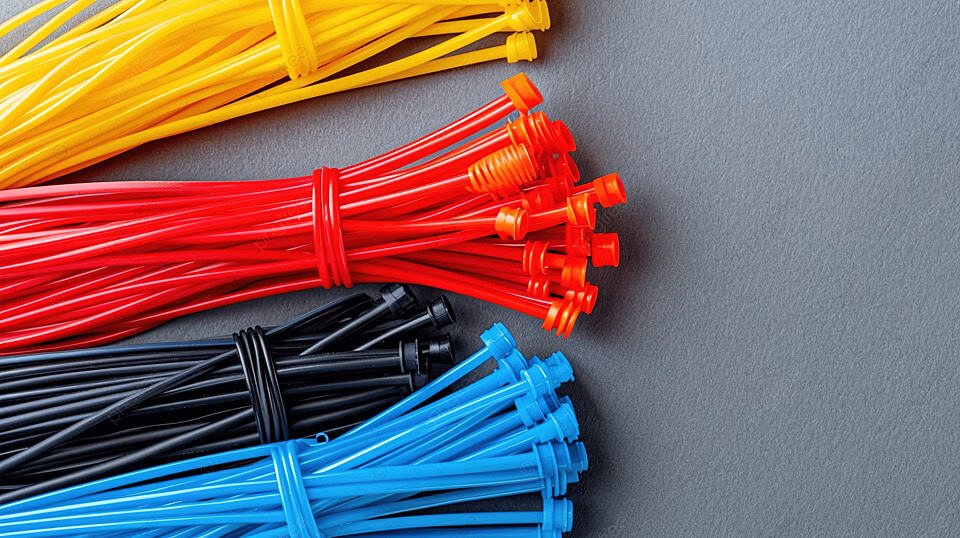 Bundles of colored cable ties are neatly arranged on a gray surface. Colors include yellow, red, black, and blue.