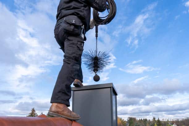 Person cleaning a chimney with a chimney brush while standing on a roof against a blue sky.