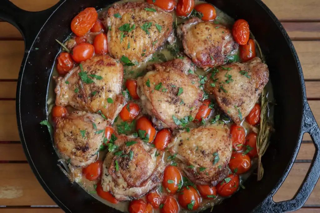 Cast iron skillet with roasted chicken thighs, cherry tomatoes, and herbs.