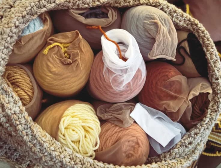 A basket filled with balls of yarn in various colors, each wrapped in fabric or stockings.