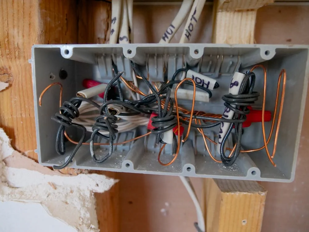 A plastic electrical box with tangled wires inside, mounted on a wooden wall frame.