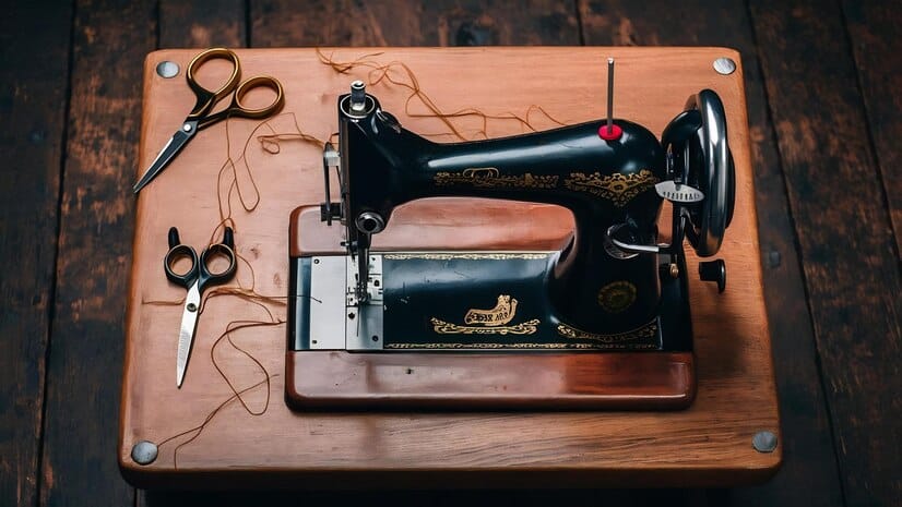 Antique sewing machine on a wooden table with two pairs of scissors and tangled brown thread nearby.