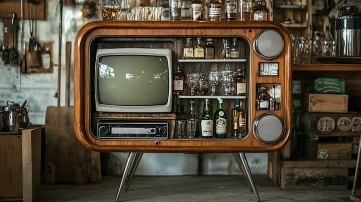 A vintage television cabinet repurposed as a bar, displaying various bottles and glassware on shelves next to an old TV screen and stereo system.