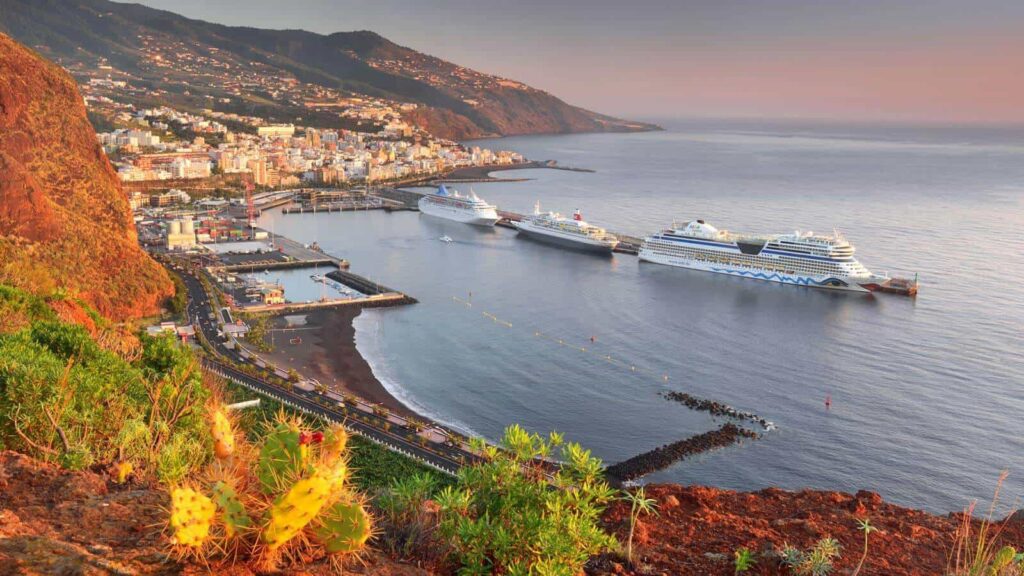 Coastal town with three cruise ships docked at the port, surrounded by lush green hills and calm sea under a clear sky.