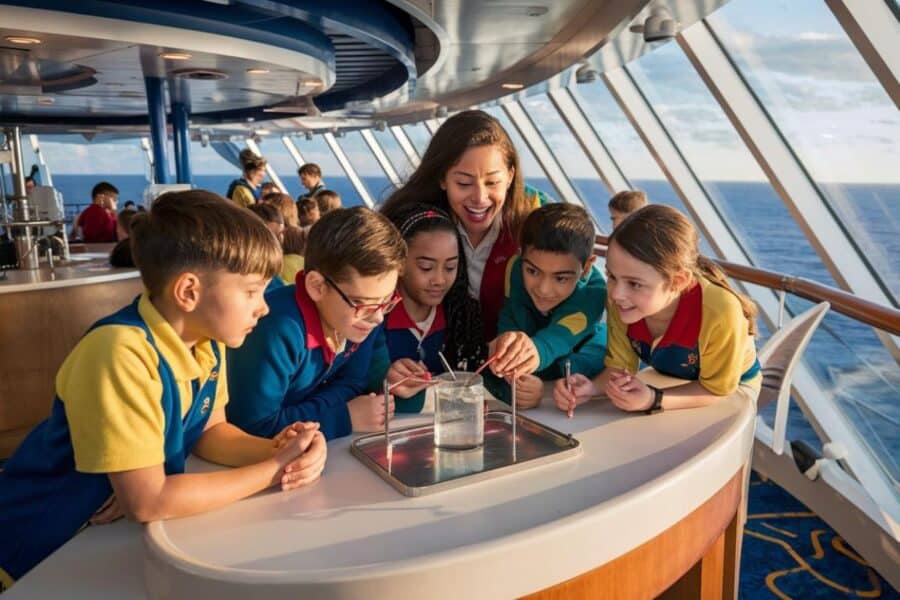 A group of children and a teacher conduct a science experiment with water on a ship. The ocean is visible through large windows in the background.