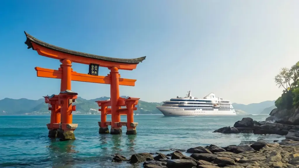 A large cruise ship sails near a traditional Japanese torii gate on the water, with mountains in the background and rocky shore in the foreground.