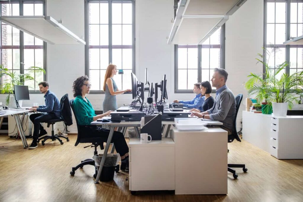 Office with people working at desks, computers, and standing. Bright space with large windows, plants, and modern furniture.