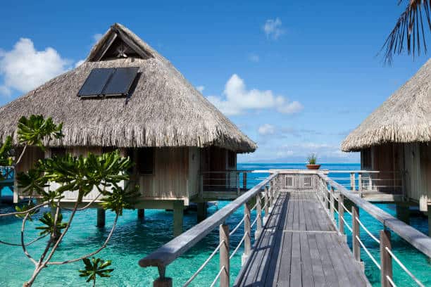 Two thatched-roof bungalows on stilts over clear blue water, connected by a wooden walkway. A small tree and potted plant are visible.