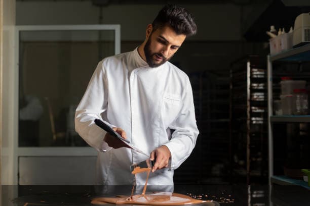 A chef in a white coat is spreading melted chocolate on a counter using a scraper.
