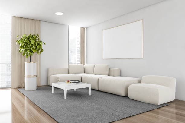 Modern living room with white sectional sofa, matching armchair, gray rug, and a potted plant. Blank canvas artwork on the wall and a white coffee table with books on a wooden floor.