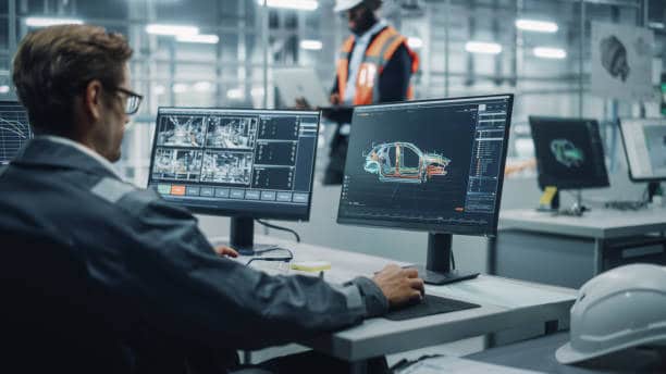 A person works on computer monitors displaying car design software in an industrial setting. Another person stands in the background wearing a safety vest and helmet.