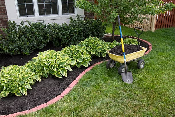 A garden with leafy plants bordered by bricks. A wagon filled with soil and a shovel is nearby on the grass.