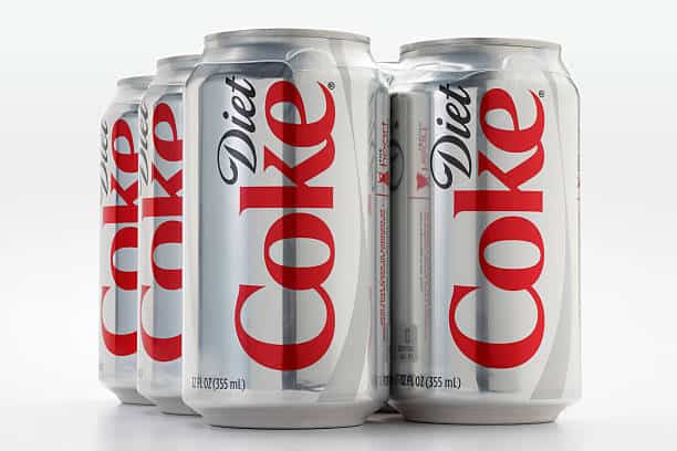 Six Diet Coke cans arranged in two rows, displayed against a white background.
